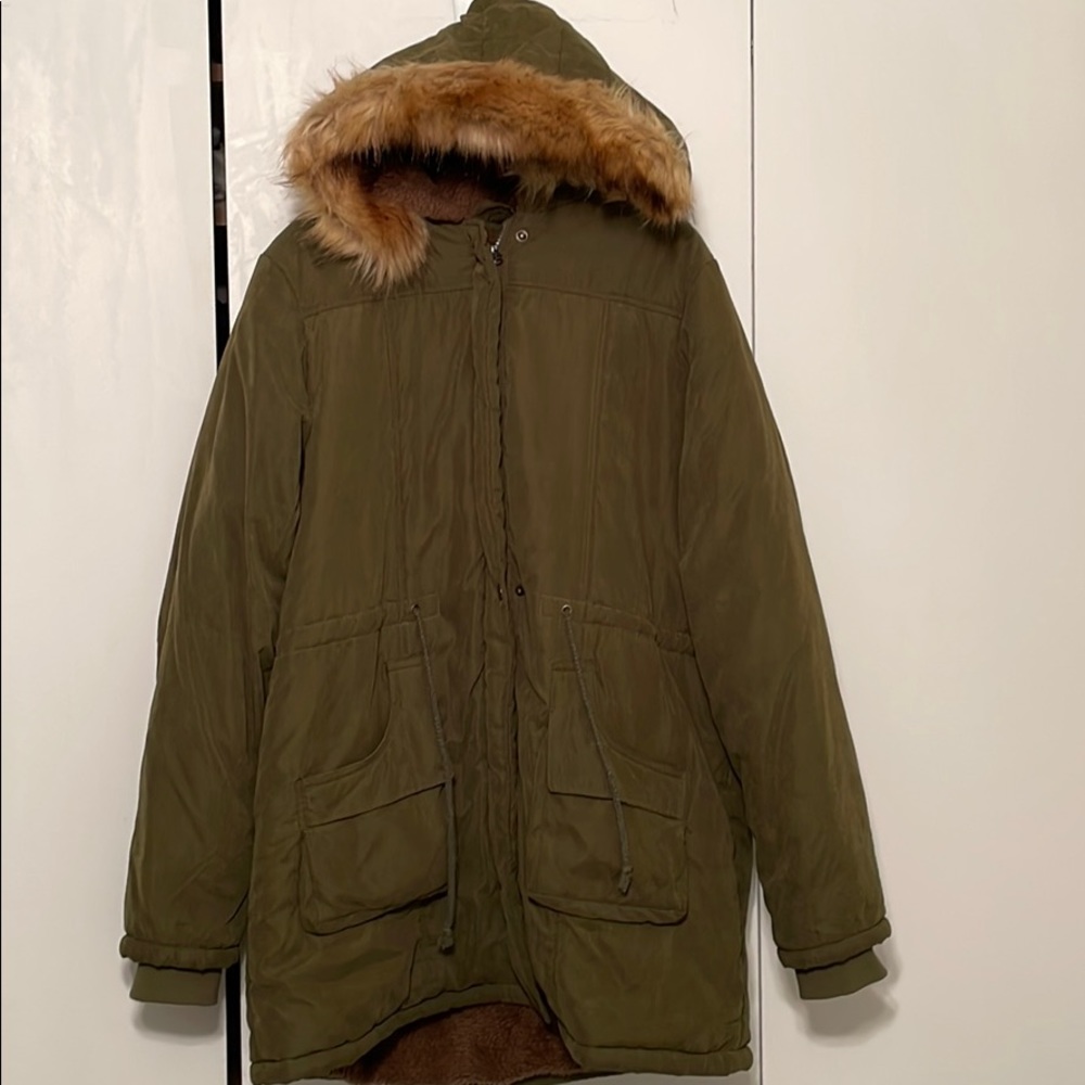Green fur jacket with fur hood